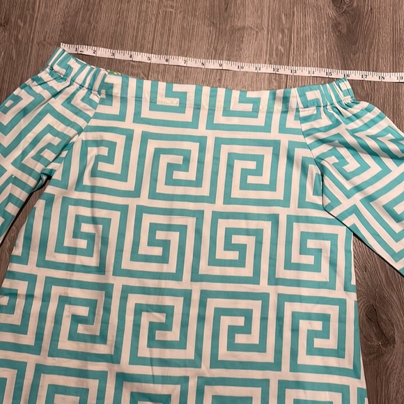 Unique Turquoise blue and white Greek key patterned off the shoulder shirt . - Picture 7 of 9